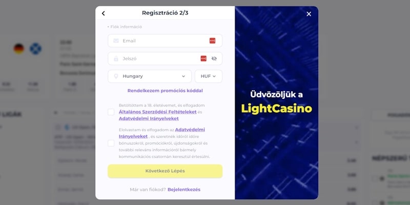 LightCasino regisztráció